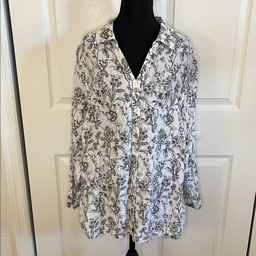 Joie Black White Floral Linen Women's Button Down Top Size 1X